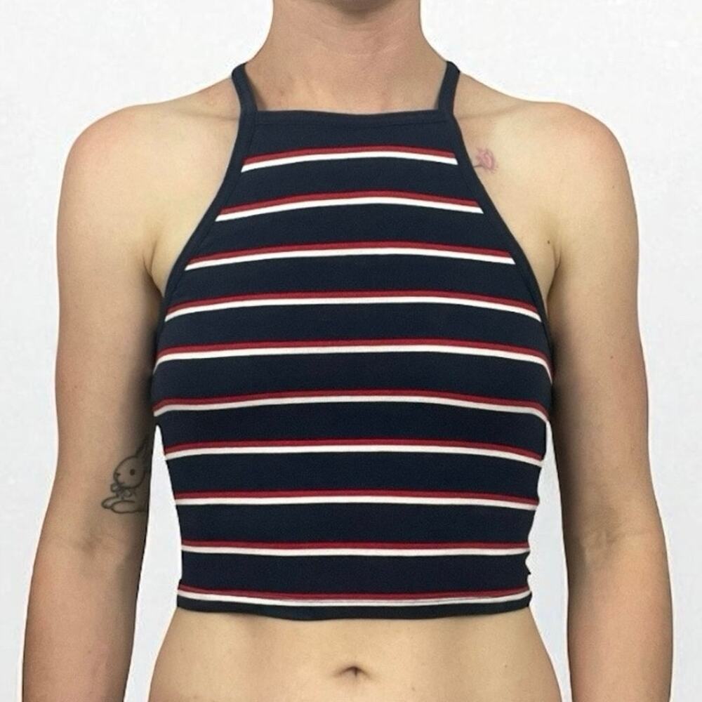 💙3 for $15 Divided Navy Blue & Red Striped Cropped Tank Top
